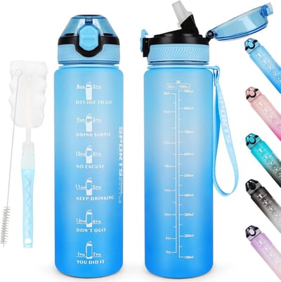 Famanu - Waterflessen van 1 l, BPA-vrij, sportdrinkfles met rietje, vaatwasbestendig, vergrendelbaar dopje, lekvrij, motiverende fles met tijdmarkeringen, niet giftig, veldfles, wathet