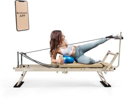 Pilates Reformer – Professioneel Fitnessapparaat voor Thuis & Studio – Inklapbaar & Verstelbaar – Yoga bank board pilates sokken – Beige / Grijs