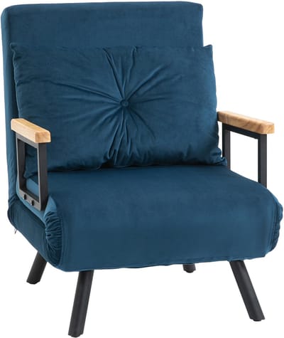 HOMCOM Sofa -bed, vouwbed met bedfunctie, ontspanningsfauteuil met achterste kussen, bekledingbank met verstelbare rugleuning, fluwelen look, 63 x 73 x 81 cm, blauw