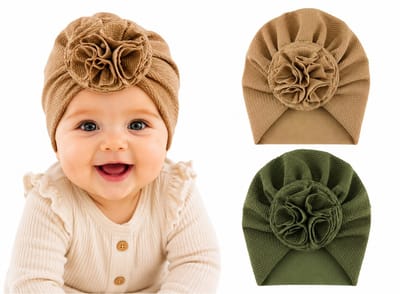 Set van 2 Babymutsjes met Bloem – Taupe & Olijfgroen – Zachte Tulband Mutsjes voor Baby Meisjes (3-15 maanden)