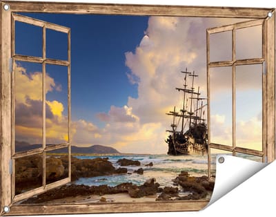 Gards Tuinposter Doorkijk Piratenschip aan de Kust bij Zonsondergang - 90x60 cm - Tuindoek - Tuindecoratie - Wanddecoratie buiten - Tuinschilderij