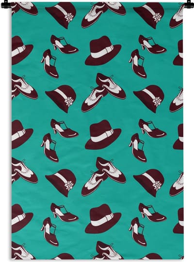 Wandkleed - Wanddoek - Antiek - Hoed - Schoenen - Patroon - 60x90 cm - Wandtapijt