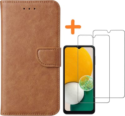 Hoesje Geschikt Voor Samsung Galaxy A13 5G / A04s hoesje bookcase Met 2x screenprotector beschermglas – Bruin
