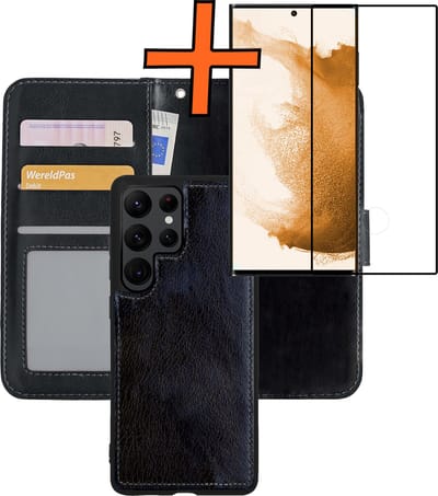 Hoes - 2 in 1 - Geschikt voor Samsung Galaxy S22 Ultra - Met Screenprotector - En Uitneembare Hard Cover - Bookcase - Wallet Case - Met Pasjeshouder - Book Case - Uitneembaar - Pashouder - Kunstleer - Zwart