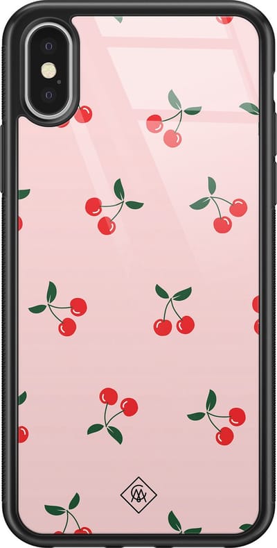 Casimoda® hoesje - Geschikt voor iPhone Xs - Kersjes - Luxe Hard Case Zwart - Backcover telefoonhoesje - Roze