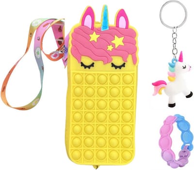 Speelgoed 3 jaar - Fidget Toys - 3-Pack - Fidget speelgoed - Unicorn - Fidget Toys pakket - Tasje 21 x 9 x 4 cm - Eenhoorn - Eenhoorn tasje - Unicorn tasje - armbandje - sleutelhanger - geel