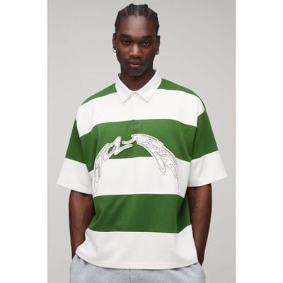 Lang Oversized Boxy Halfmouw Interlock Gestreept Appliqué Rugby Polo | Green | Size Small
