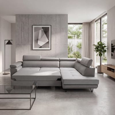 Hoekbank Junior Grijs stof - Met bed en opbergruimte - Lounge ( longchair ) Rechts - Hoeksalon slaapfunctie en opberging - zetelsenbedden