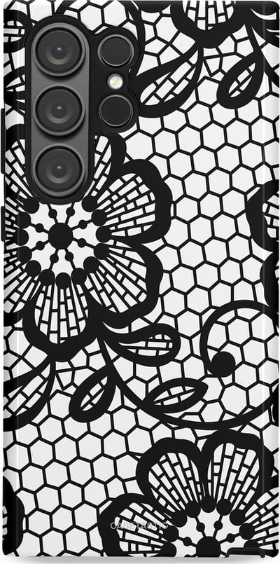 Casetastic Hoesje Geschikt voor Samsung S23 Ultra - Stijlvolle Beschermende Duo-layer Case - Zwart Bloemenpatroon