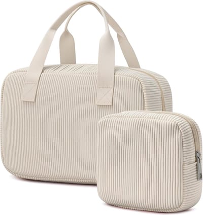 Toilettas en Make-uptas set - Beige - Cosmetische organizer voor dames - Zachte corduroy stof - Ruime opbergruimte met meerdere vakken - Voor vakantie of reizen - Opbergtas met rits voor verzorgingsproducten en makeup