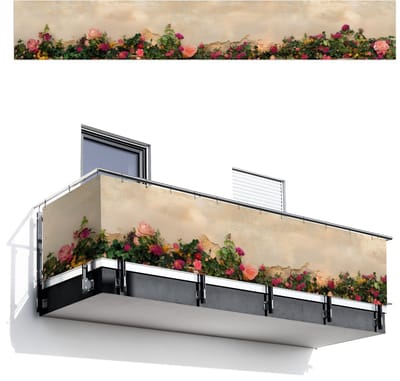 Balkonscherm 500x75 cm - Balkonposter Rozen - Muur - Vintage - Balkon scherm decoratie - Balkonschermen - Balkondoek zonnescherm