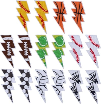 16 Stuks Kleurige Bliksem Ballen Patches - 8 Stijlen Geborduurde Applicaties voor Kleding, Sport en Decoratie - 78x34mm Polyester Football Reparatie Patches
