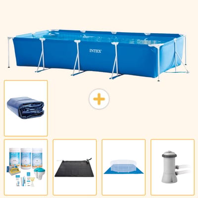 Intex Rechthoekig Frame Zwembad - 450 x 220 x 84 cm - Blauw - Inclusief Onderhoudspakket - Solar Mat - Grondzeil - Zwembadfilterpomp - Solarzeil - 6-delig