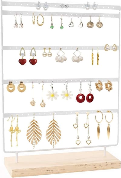 Oorbelorganizer met 110 gaten en houten sokkel, stijlvolle oorbelstandaard voor hangende sieraden en oorbeldisplay (wit)