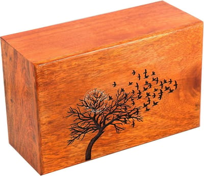 Houten Urn voor Mensen As - Grafurn voor Columbarium - Levensboom en Vogels