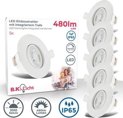 B.K.Licht - LED Badkamer Inbouwspots - dimbaar - set van 5 - badkamerverlichting - IP65 - wit - 9 x 4,2 cm (DxH)
