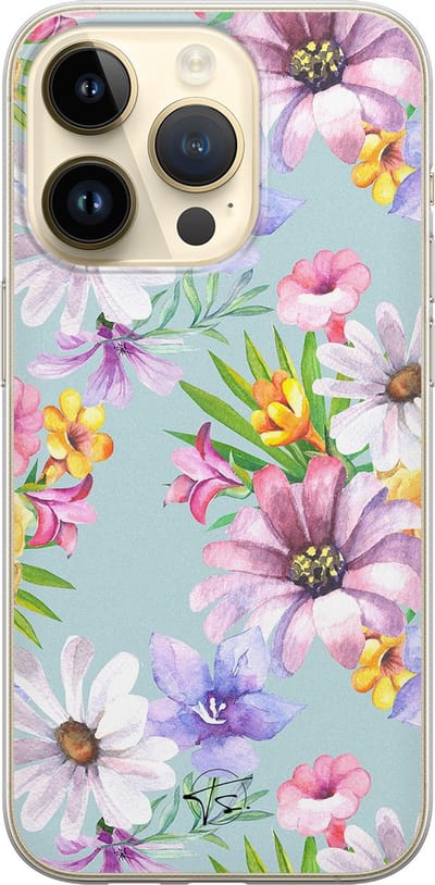 Hoesje geschikt voor iPhone 14 Pro - Mint bloemen - Soft Case - TPU - Bloemen - Blauw - Mooie Telefoonhoesjes