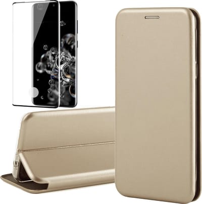 Hoesje geschikt voor Samsung Galaxy S20 Ultra - Screen Protector FullGuard - Book Case Kunstleer ThinShield Goud & Screenprotector