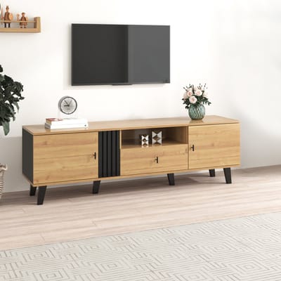 DESMIU Tv Meubel - Met 2 Deuren Lade En Open Vak - Voor Georganiseerde Woonkamer - Spaanplaat Met Glas - 170x40x50,5 Cm - Naturel Zwart