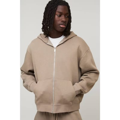 Essential Oversized Boxy Zip Through Hoodie | Taupe | Size Small