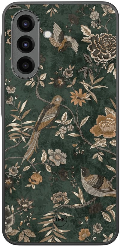 Hoesje geschikt voor Samsung Galaxy A36 - Khaki golden flowers - Groen - TPU case - Vogel - Hardcase zwart telefoonhoesje
