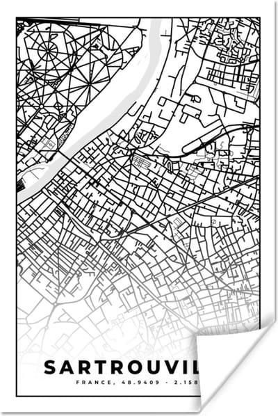 Poster Stadskaart - Plattegrond - Sartrouville - Kaart - Frankrijk - Zwart wit - 120x180 cm XXL