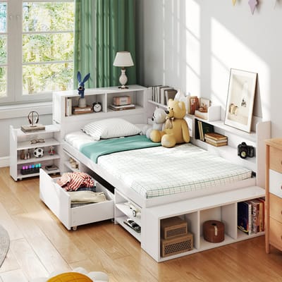 HAUSS SPOLE Kinderbedden 90x200cm - Eenpersoonsbed Met Lades En Kasten - Massief houten Hoogslaper - Inclusief Lattenbodem - MDF - Wit(Zonder Matras)
