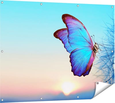 Gards Tuinposter Blauwe Vlinder bij Paardenbloemen - 120x90 cm - Tuindoek - Tuindecoratie - Wanddecoratie buiten - Tuinschilderij
