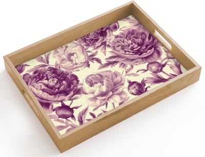 Dienblad hout 40x30 cm - Schootdienblad - Bloemen - Patroon - Paars - Beige - Borrelplank rechthoek - Plateau dienbladen