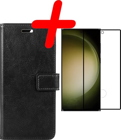Hoesje Met Screenprotector - Geschikt voor Samsung Galaxy S23 Ultra - Luxe Pasjeshouder - Bookcase Portemonee - Flip Case - Kunstleer Book Case - Flipcase - Book Cover - Walletcase - Portemonneehoes - Zwart