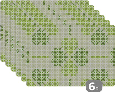 Placemat - Placemats kunststof - Klaver - Patronen - Groen - 45x30 cm - 6 stuks - Hittebestendig - Anti-Slip - Onderlegger - Afneembaar