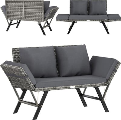 2-in-1 Polyrattan Tuinbank en Ligbed met Kussens en Verstelbare Armleuningen - Grijze Loungebank en Ligstoel
