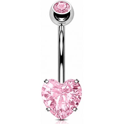 Navelpiercing Hart Roze Kristal – 316L Chirurgisch Staal – Double Jeweled – 10mm – 1.6mm
