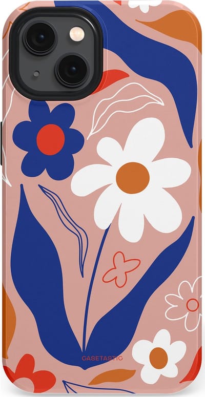 Casetastic hoesje geschikt voor Apple iPhone 13 - MagSafe - Dubbellaagse bescherming - Eenvoud in bloei - Fashion Case - Perzik Donkerblauw Wit