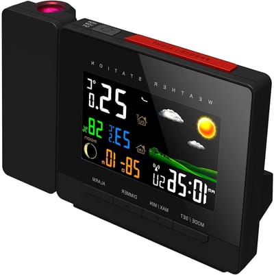 Draadloos weerstation met buitensensor, kleur en projectie, tijd, temperatuur, vochtigheid, voorspelling, zwart