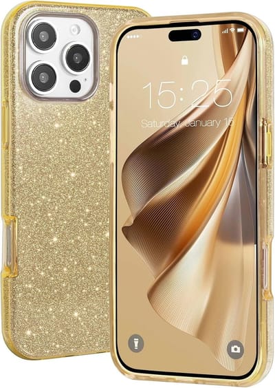 Casemania Hoesje Geschikt voor Apple iPhone 16 Pro - Goud - Glitter Back Cover