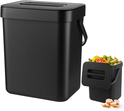 QTTVBTNA -3L Hangende Compostbak voor de Keuken – Kleine Afvalbak met Deksel, Compacte Biobak voor Aanrecht, Kast of Badkamer – zwart