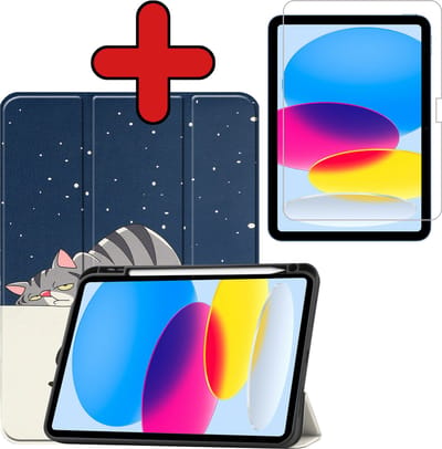 Hoesje - Geschikt voor Apple iPad A16/A18 (2022/2025/2026) - 10.9 & 11 inch (10e, 11e & 12e generatie) - Met Screenprotector - Trifold Bookcase Hoes - Hard Cover Case - Met Uitsparing Geschikt voor Apple Pencil - Hardcover Book - Tablethoes - Kat
