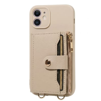 Beige telefoon hoesje met portemonnee en rits geschikt voor iPhone 11 – kunstleer beschermende case voor dames en heren met pasjeshouder, druksluiting, afneembare draagkoord en standaard functie