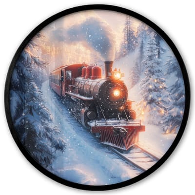 Poster in lijst Rond - Fotolijst 40x40 cm - Posters - Kersttrein - Sneeuw - Winter - Kerst - Ronde posterlijst zwart - Decoratie - Wanddecoratie woonkamer - Kerstdecoratie voor binnen - Kerstversiering - Kerstmis versiering in huis - Kerstaccessoires