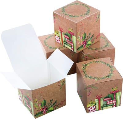 25 Kerstgeschenkdozen Vierkant 8x8x8 cm - Bruin, Rood en Groen - Cadeauboxen om te Vullen