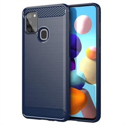Cadorabo Hoesje geschikt voor Samsung Galaxy A21s in BRUSHED BLAUW - Beschermhoes van flexibel TPU siliconen in roestvrij staal-carbonvezel look Case Cover
