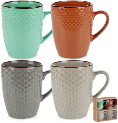 Vilde Koffiekoppen Set - 4 stuks - 400 ml - Keramiek - Diverse Kleuren - Met Reliëf Decor - Inclusief Cadeauverpakking - Mokken voor Koffie en Thee