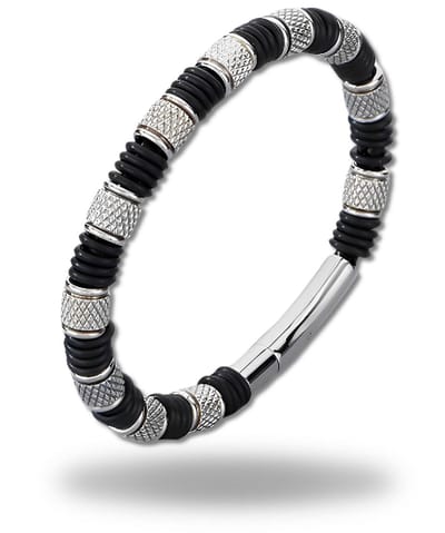 Armband Heren Staal – Zilverkleurige RVS Armband met zwarte Ringen – Stoere Heren Armband – Roestvrijstalen Armband Mannen – Luxe Polsband Heren – Cadeau voor Mannen – 20 cm
