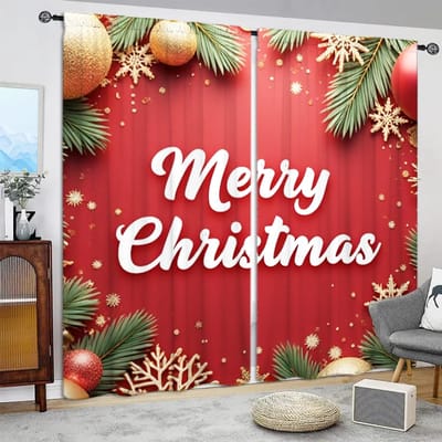 2 stuks Hebben Feestelijke Sfeer van Vrolijk Kerstmis Bedrukte Gordijn voor Kerst Home Decor-Tunnel voor Stang Raambekleding voor Slaapkamer 52.5cmX116cm X 2pcs red