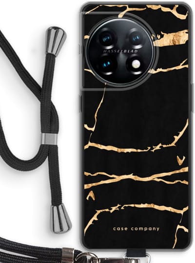 Case Company® - Hoesje met koord geschikt voor OnePlus 11 hoesje met Koord - Gouden marmer - Telefoonhoesje met Zwart Koord - Bescherming aan alle Kanten en Over de Schermrand