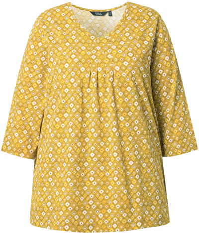 Ulla Popken - Dames - Shirt met dierenprint A-lijn V-hals 3/4-mouwen - Mokka bruin - Maat 42+