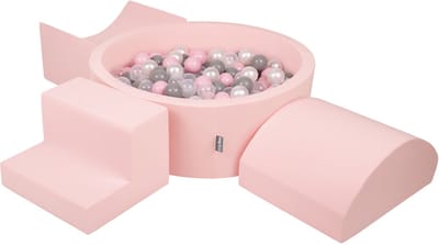 KiddyMoon schuimspeelplaats met rond ballenbad (300 ballen) ballenbakken voor baby's speelbad hindernisbanen, made in the eu, roze:pearl/grijs/transparant/powderroze