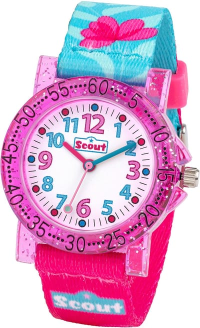 Scout Kinderuhr analog aus der Serie "The IT Collection" mit türkis pinkem Textilband, Flamingo und Blumen-Motiven und Quarzwerk