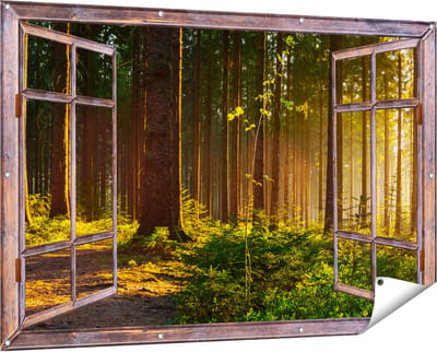 Gards Tuinposter Doorkijk Bos met Zon tussen de Bomen - 150x100 cm - Tuindoek - Tuindecoratie - Wanddecoratie buiten - Tuinschilderij